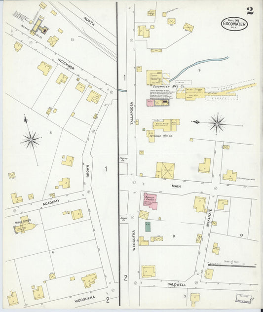 Sanborn Fire Insurance Map from Goodwater, Coosa County, Alabama (1909), Sheet #0002 - Historic Sanborn Fire Insurance Map Print, vintage old map wall art, antique decor, genealogy gift, Alabama Alabama map