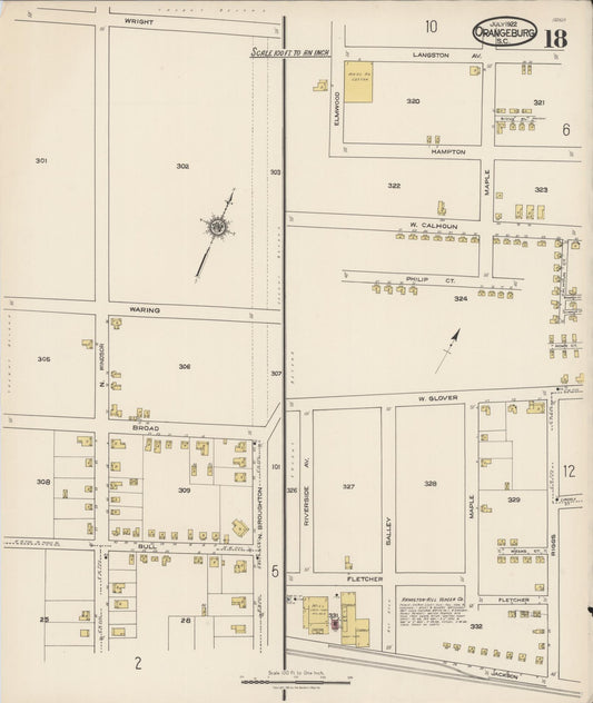Sanborn Fire Insurance Map from Orangeburg, Orangeburg County, South Carolina (1922), Sheet #0018 - Historic Sanborn Fire Insurance Map Print, vintage old map wall art, antique decor, genealogy gift, South Carolina South Carolina map