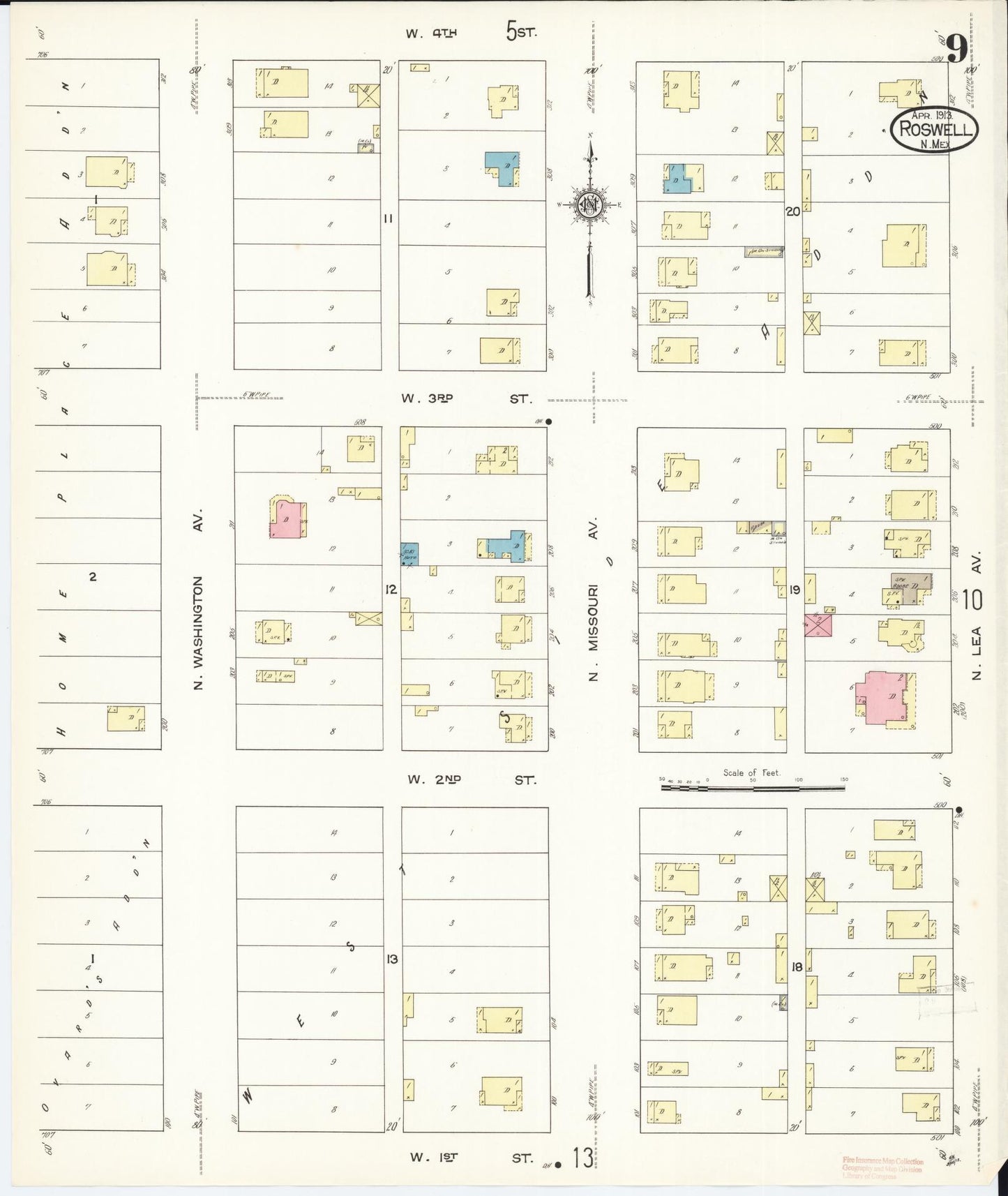 Sanborn Fire Insurance Map from Roswell, Chaves County, New Mexico (1913), Sheet #0009 - Complete Map Set gallery image, historic Sanborn map, vintage wall art, New Mexico New Mexico