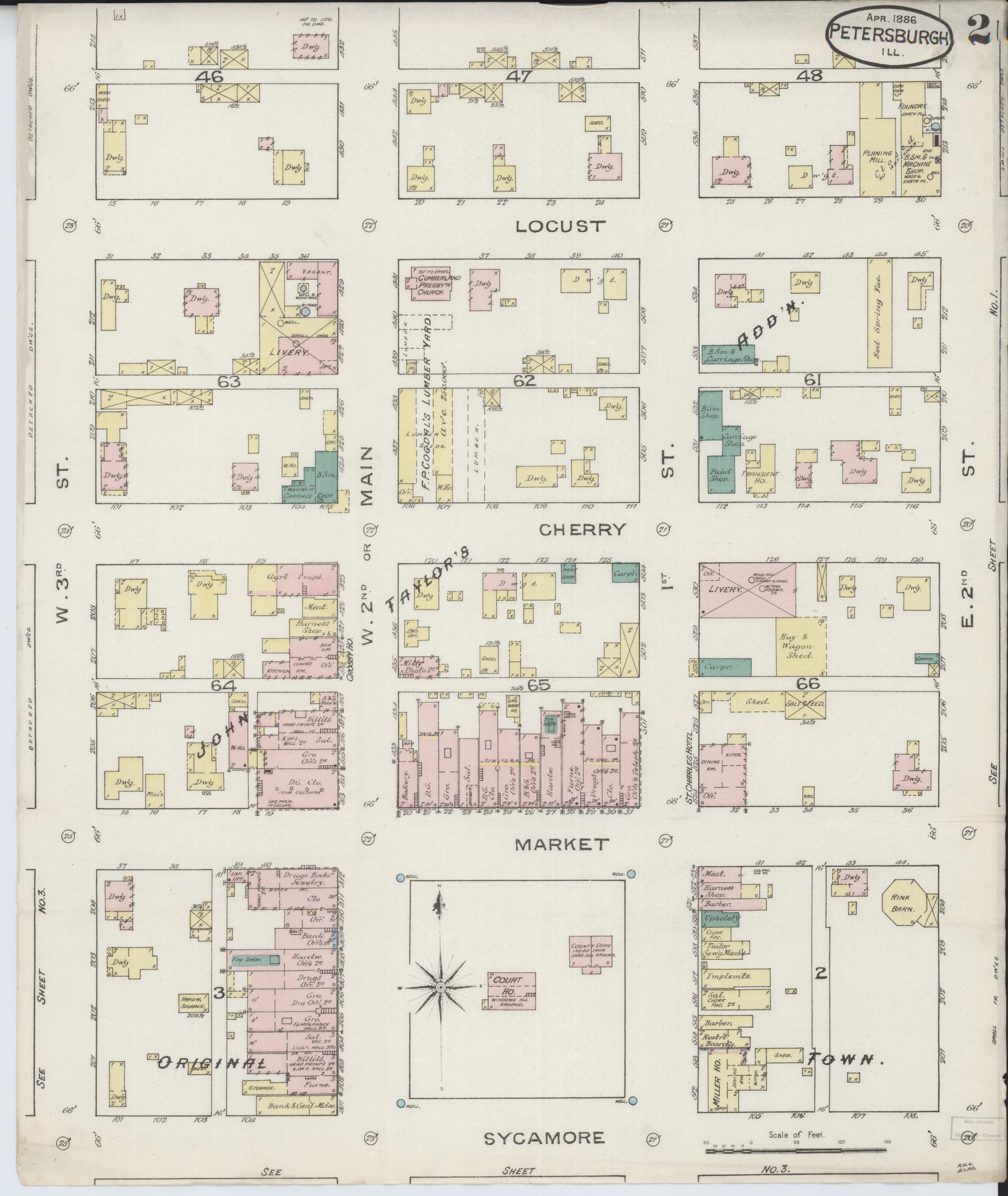 Sanborn Fire Insurance Map from Petersburg, Menard County, Illinois (1886), Sheet #0002 - Complete Map Set gallery image, historic Sanborn map, vintage wall art, Illinois Illinois