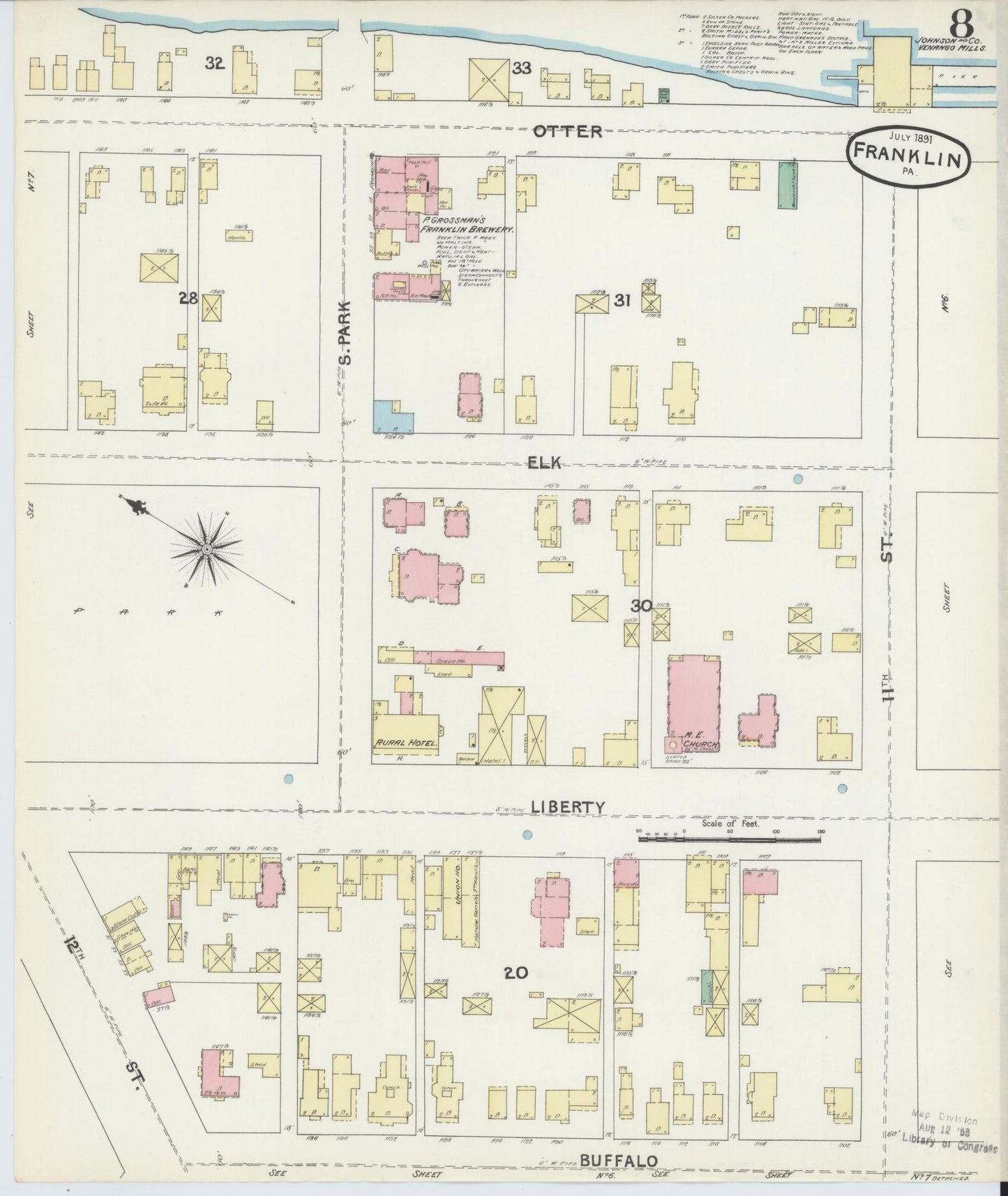 Sanborn Fire Insurance Map from Franklin, Venango County, Pennsylvania (1891), Sheet #0008 - Historic Sanborn Fire Insurance Map Print, vintage old map wall art, antique decor, genealogy gift, Pennsylvania Pennsylvania map