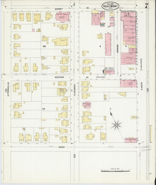 Sanborn Fire Insurance Map from Rocky Mount, Edgecombe And Nash Counties, North Carolina (1907), Sheet #0007 - Historic Sanborn Fire Insurance Map Print, vintage old map wall art, antique decor, genealogy gift, North Carolina North Carolina map