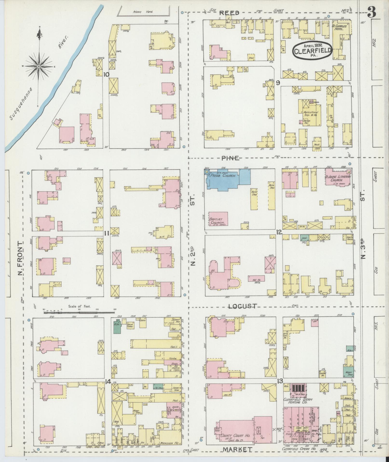 Sanborn Fire Insurance Map from Clearfield, Clearfield County, Pennsylvania (1892), Sheet #0003 - Historic Sanborn Fire Insurance Map Print, vintage old map wall art, antique decor, genealogy gift, Pennsylvania Pennsylvania map