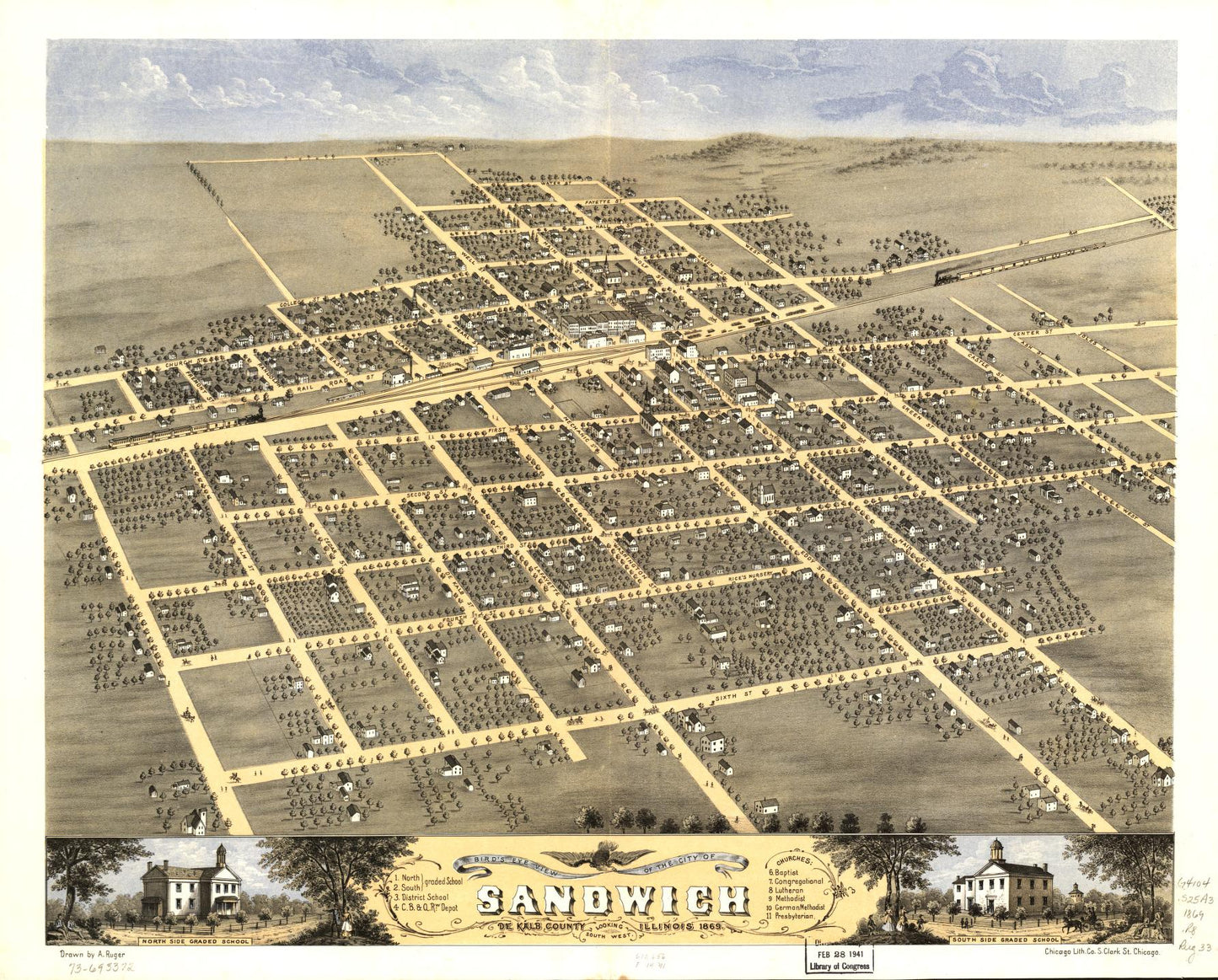 Bird's eye view of the city of Sandwich, De Kalb County, Illinois 1869. (1869) – Historic Bird’s-Eye View Panorama Print