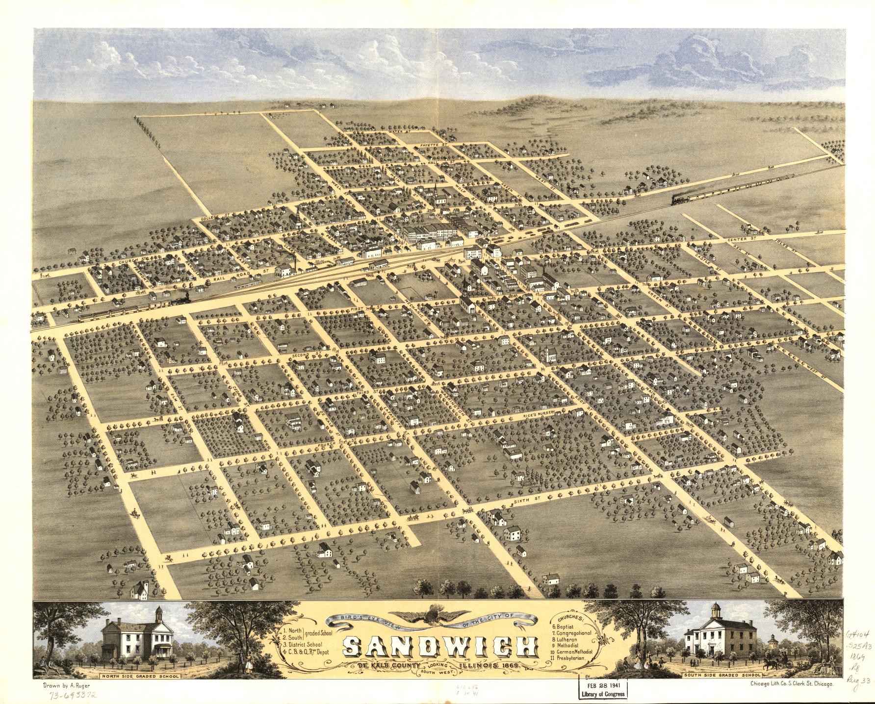 Bird's eye view of the city of Sandwich, De Kalb County, Illinois 1869. (1869) – Historic Bird’s-Eye View Panorama Print