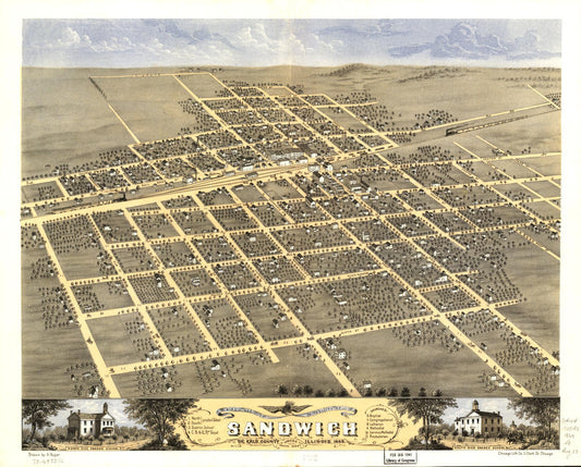 Bird's eye view of the city of Sandwich, De Kalb County, Illinois 1869. (1869) – Historic Bird’s-Eye View Panorama Print