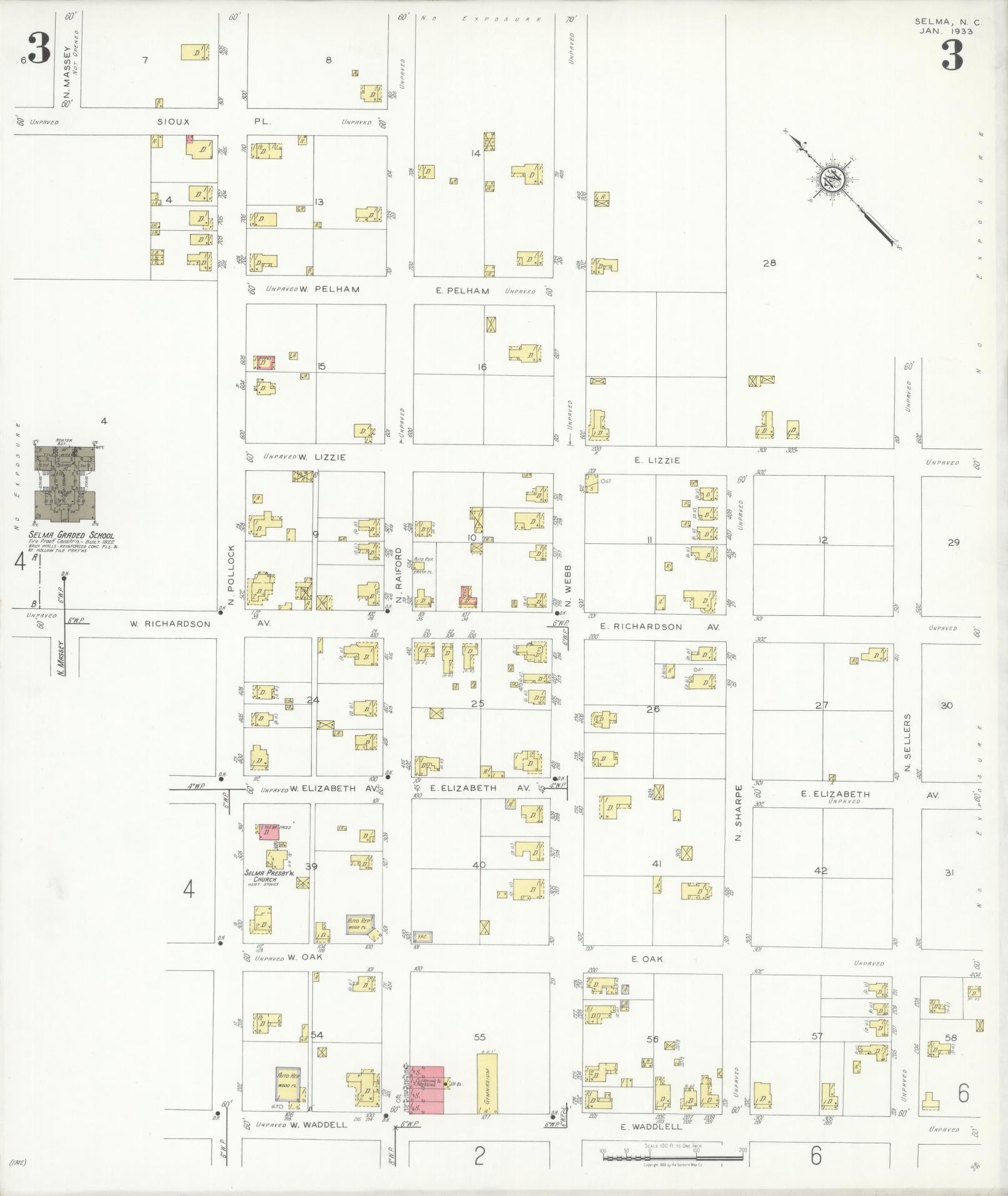 Sanborn Fire Insurance Map from Selma, Johnston County, North Carolina (1933), Sheet #0003 - Complete Map Set gallery image, historic Sanborn map, vintage wall art, North Carolina North Carolina