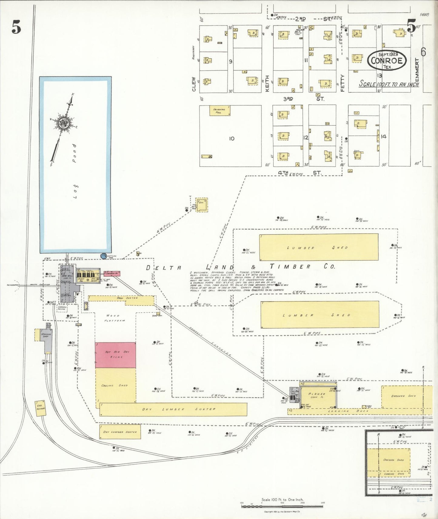 Sanborn Fire Insurance Map from Conroe, Montgomery County, Texas (1923), Sheet #0005 - Historic Sanborn Fire Insurance Map Print, vintage old map wall art, antique decor, genealogy gift, Texas Texas map