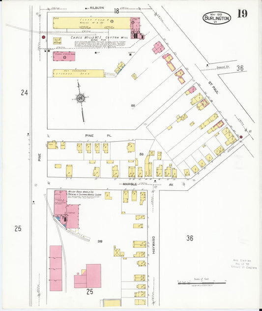 Sanborn Fire Insurance Map from Burlington, Chittenden County, Vermont (1919), Sheet #0019 - Historic Sanborn Fire Insurance Map Print, vintage old map wall art, antique decor, genealogy gift, Vermont Vermont map
