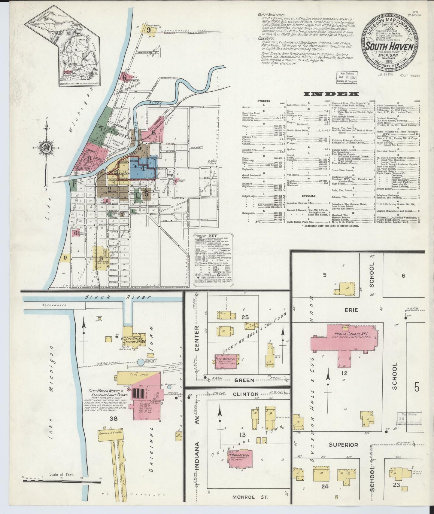 Sanborn Fire Insurance Map from South Haven, Van Buren County, Michigan (1916), Sheet #0001 - Historic Sanborn Fire Insurance Map Print, vintage old map wall art, antique decor, genealogy gift, Michigan Michigan map