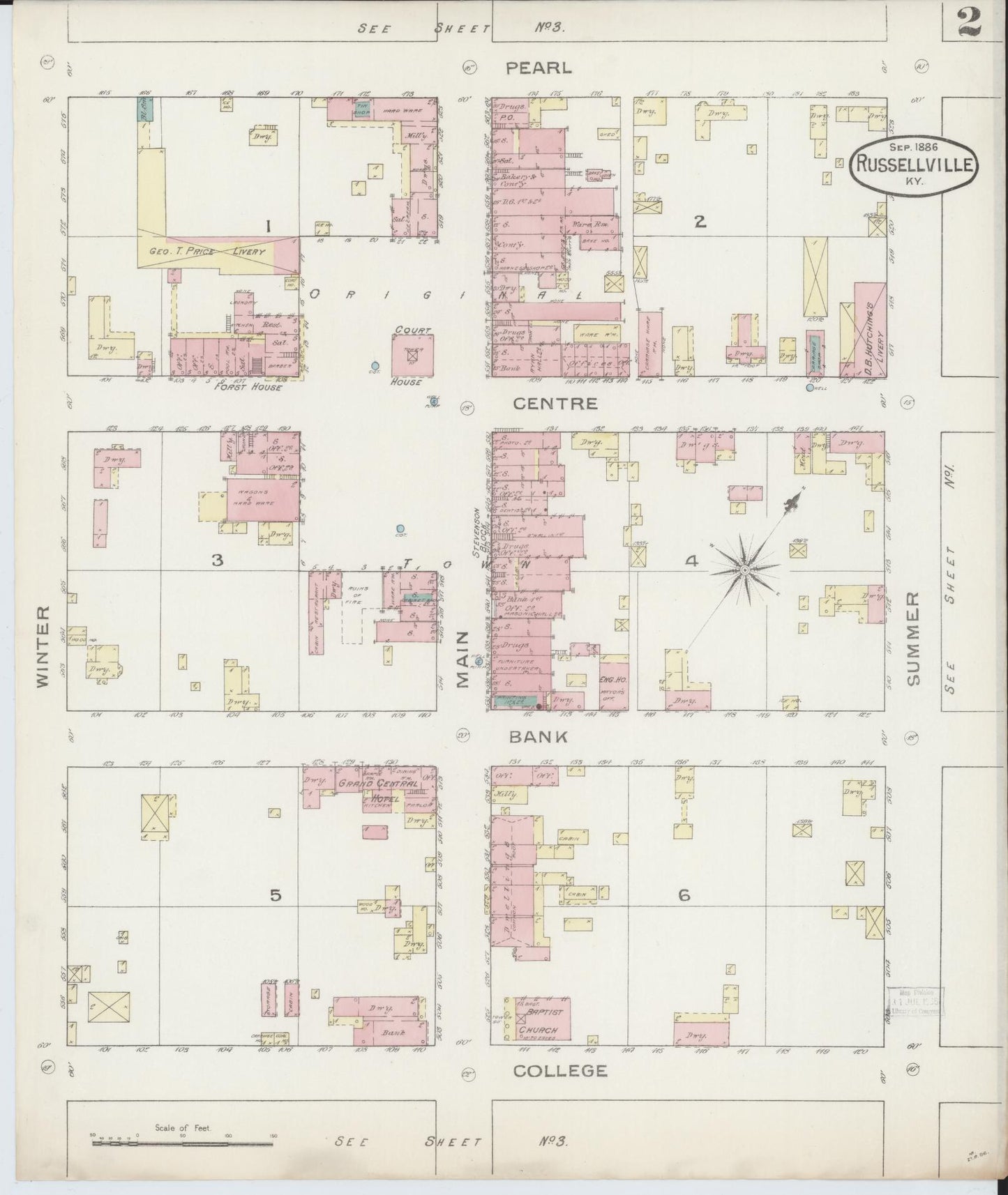 Sanborn Fire Insurance Map from Russellville, Logan County, Kentucky (1886), Sheet #0002 - Complete Map Set gallery image, historic Sanborn map, vintage wall art, Kentucky Kentucky