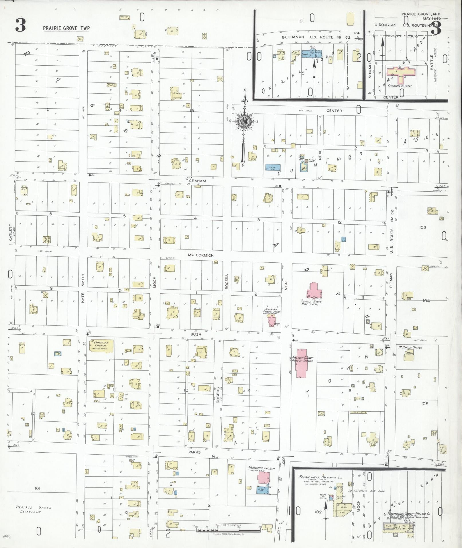 Sanborn Fire Insurance Map from Prairie Grove, Washington County, Arkansas (1948), Sheet #0003 - Historic Sanborn Fire Insurance Map Print, vintage old map wall art, antique decor, genealogy gift, Arkansas Arkansas map