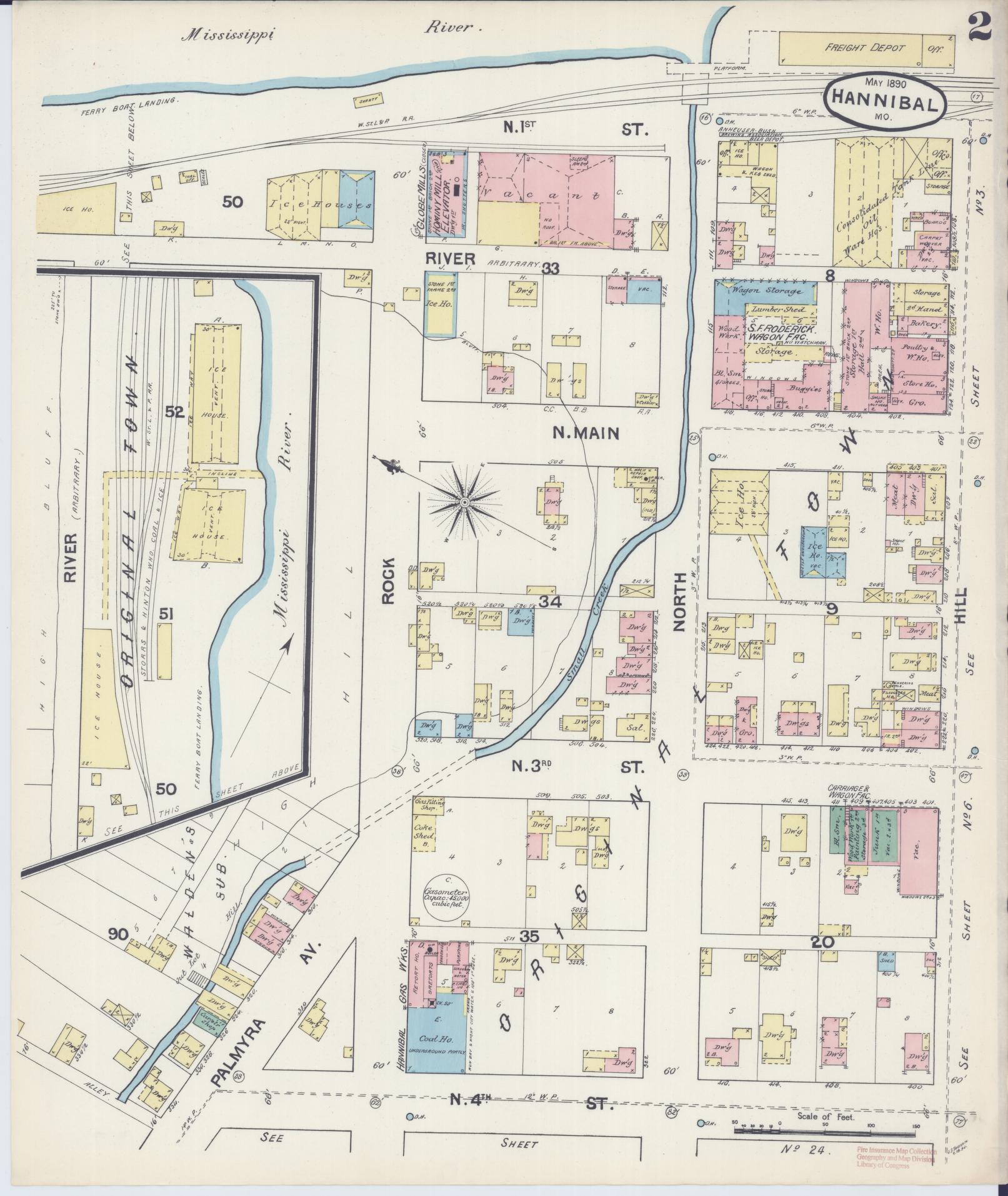 Sanborn Fire Insurance Map from Hannibal, Marion County, Missouri (1890), Sheet #0002 - Complete Map Set gallery image, historic Sanborn map, vintage wall art, Missouri Missouri
