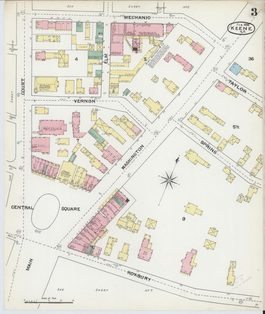 Sanborn Fire Insurance Map from Keene, Cheshire County, New Hampshire (1892), Sheet #0003 - Historic Sanborn Fire Insurance Map Print, vintage old map wall art, antique decor, genealogy gift, New Hampshire New Hampshire map