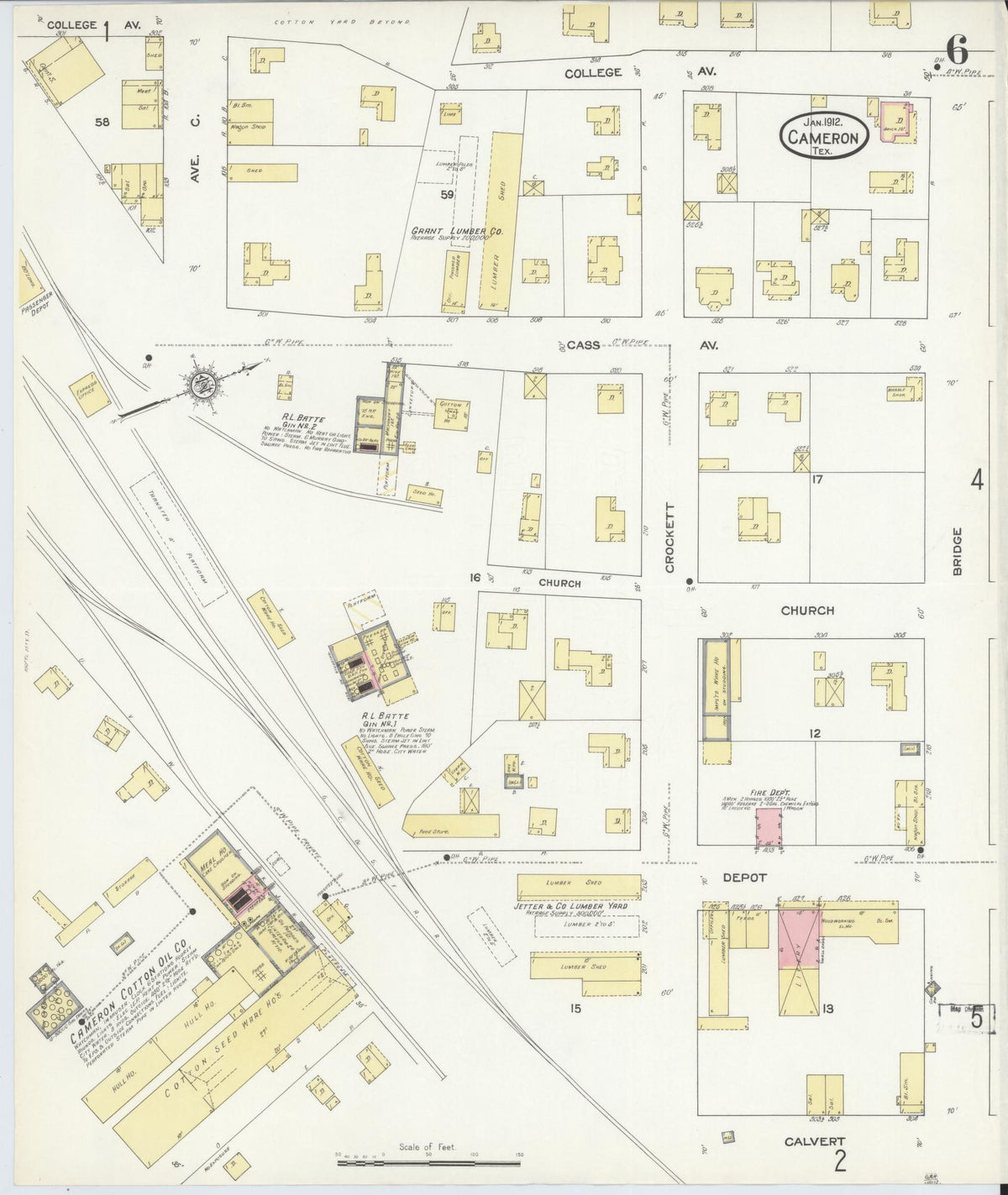 Sanborn Fire Insurance Map from Cameron, Milam County, Texas (1912), Sheet #0006 - Complete Map Set gallery image, historic Sanborn map, vintage wall art, Texas Texas