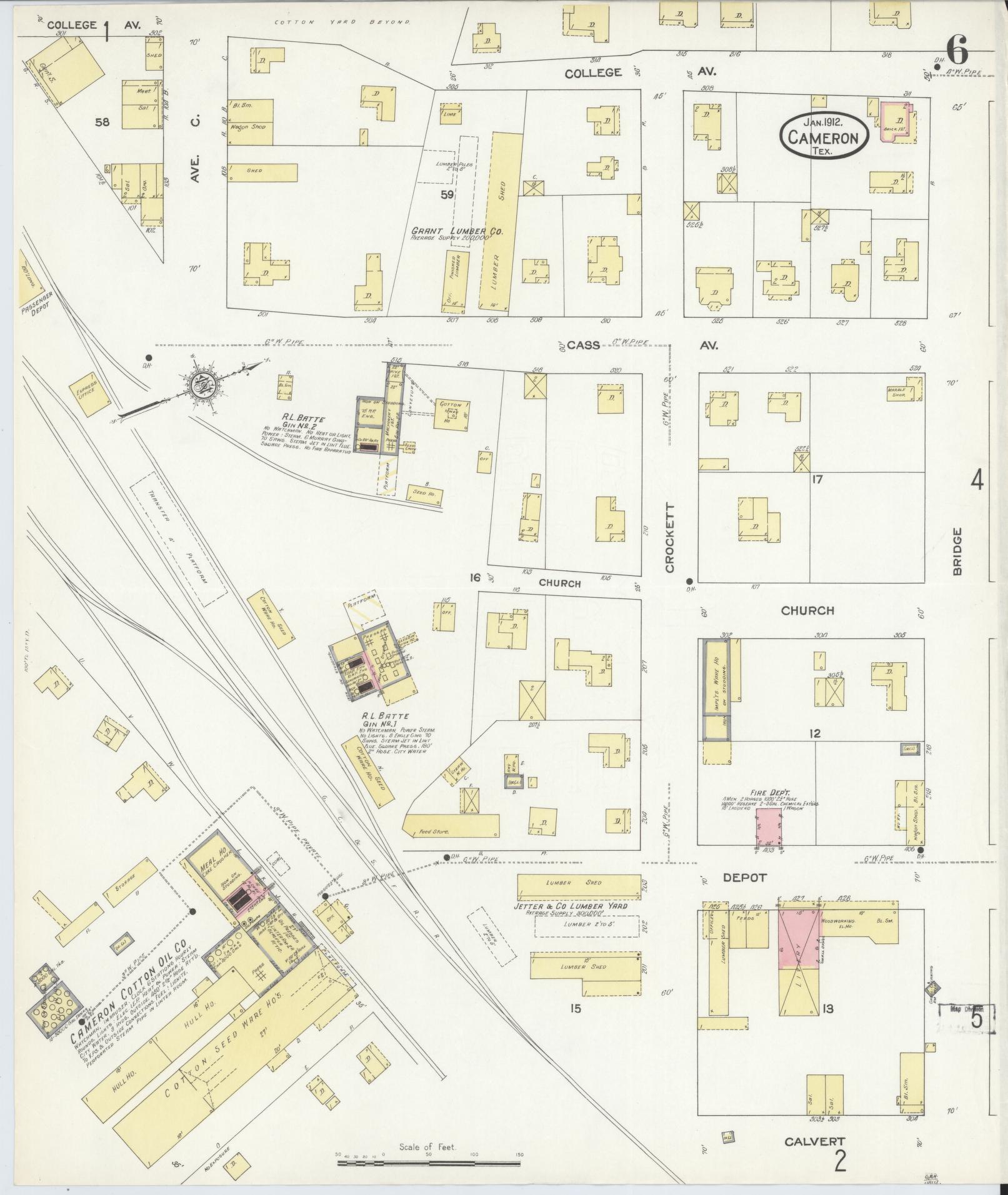 Sanborn Fire Insurance Map from Cameron, Milam County, Texas (1912), Sheet #0006 - Complete Map Set gallery image, historic Sanborn map, vintage wall art, Texas Texas