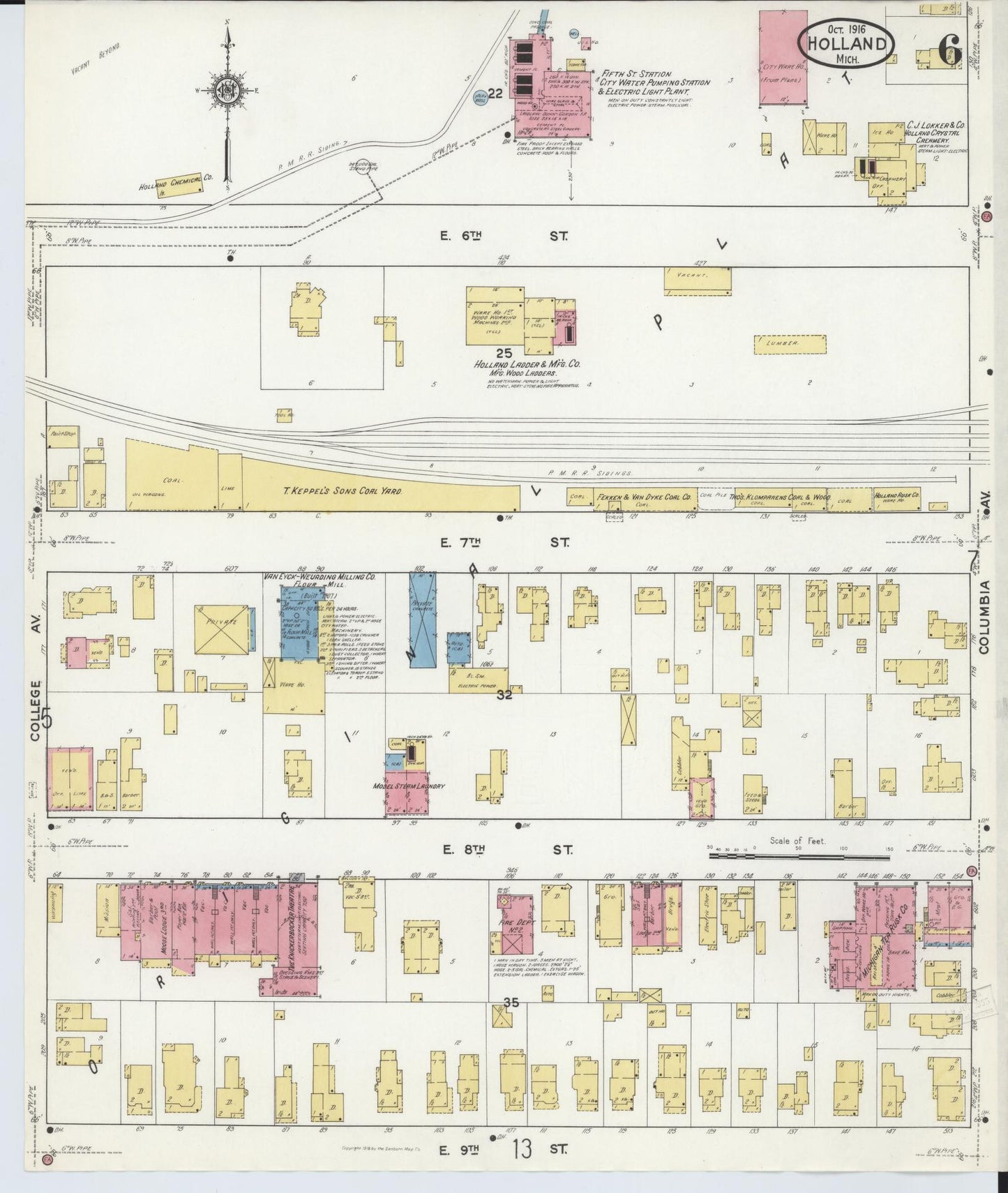 Sanborn Fire Insurance Map from Holland, Ottawa County, Michigan (1916), Sheet #0006 - Complete Map Set gallery image, historic Sanborn map, vintage wall art, Michigan Michigan