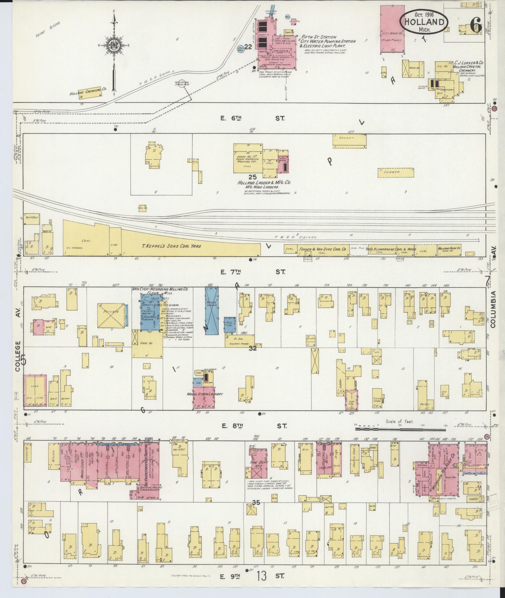 Sanborn Fire Insurance Map from Holland, Ottawa County, Michigan (1916), Sheet #0006 - Complete Map Set gallery image, historic Sanborn map, vintage wall art, Michigan Michigan