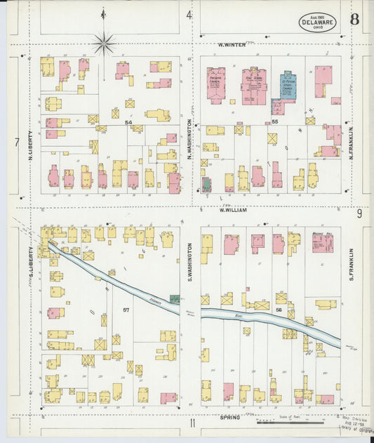 Sanborn Fire Insurance Map from Delaware, Delaware County, Ohio (1901), Sheet #0008 - Historic Sanborn Fire Insurance Map Print, vintage old map wall art, antique decor, genealogy gift, Sanborn Fire Insurance Map from Delaware Delaware map