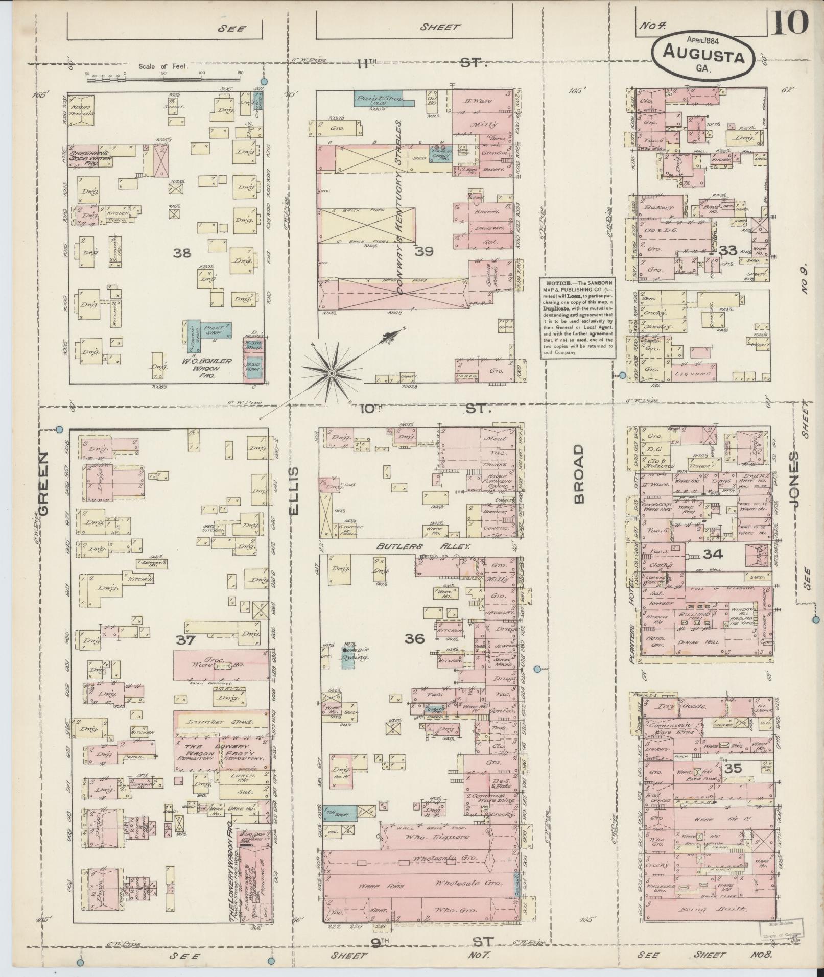 Sanborn Fire Insurance Map from Augusta, Richmond County, Georgia (1884), Sheet #0010 - Complete Map Set gallery image, historic Sanborn map, vintage wall art, Georgia Georgia