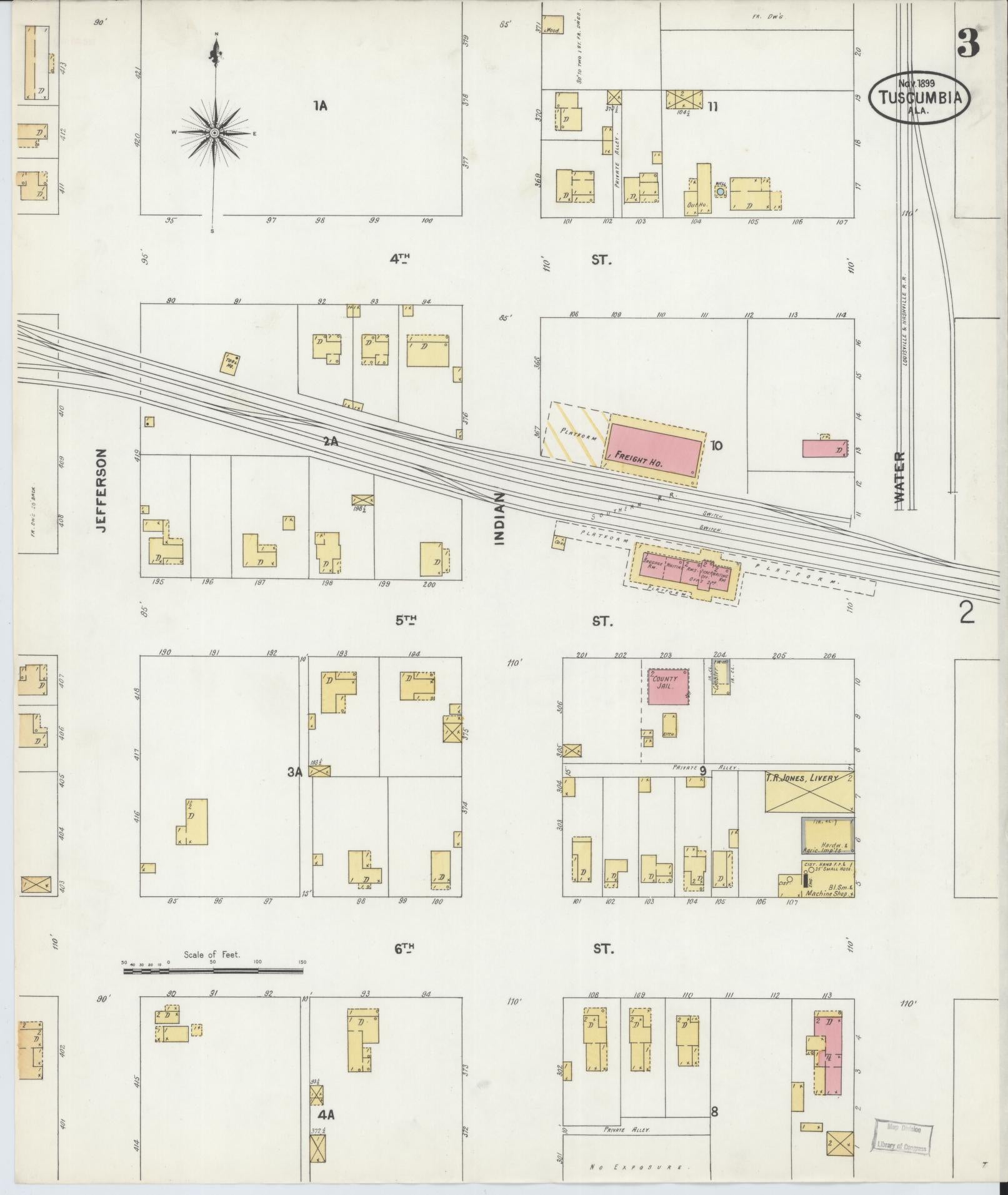 Sanborn Fire Insurance Map from Tuscumbia, Colbert County, Alabama (1899), Sheet #0003 - Complete Map Set gallery image, historic Sanborn map, vintage wall art, Alabama Alabama