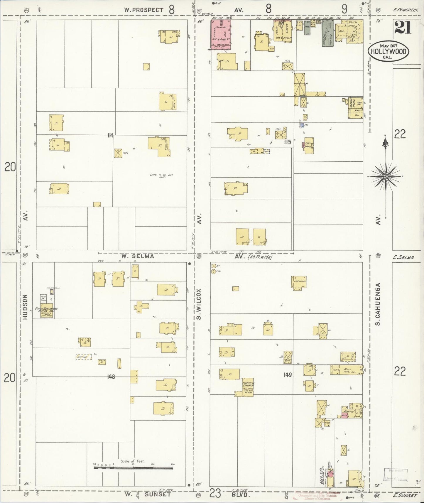 Sanborn Fire Insurance Map from Hollywood, Los Angeles County, California (1907), Sheet #0021 - Complete Map Set gallery image, historic Sanborn map, vintage wall art, California California