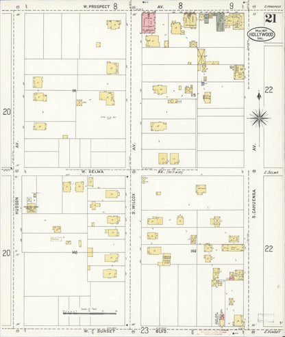 Sanborn Fire Insurance Map from Hollywood, Los Angeles County, California (1907), Sheet #0021 - Complete Map Set gallery image, historic Sanborn map, vintage wall art, California California