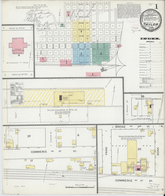 Sanborn Fire Insurance Map from Taylor, Williamson County, Texas (1893), Sheet #0001 - Complete Map Set gallery image, historic Sanborn map, vintage wall art, Texas Texas