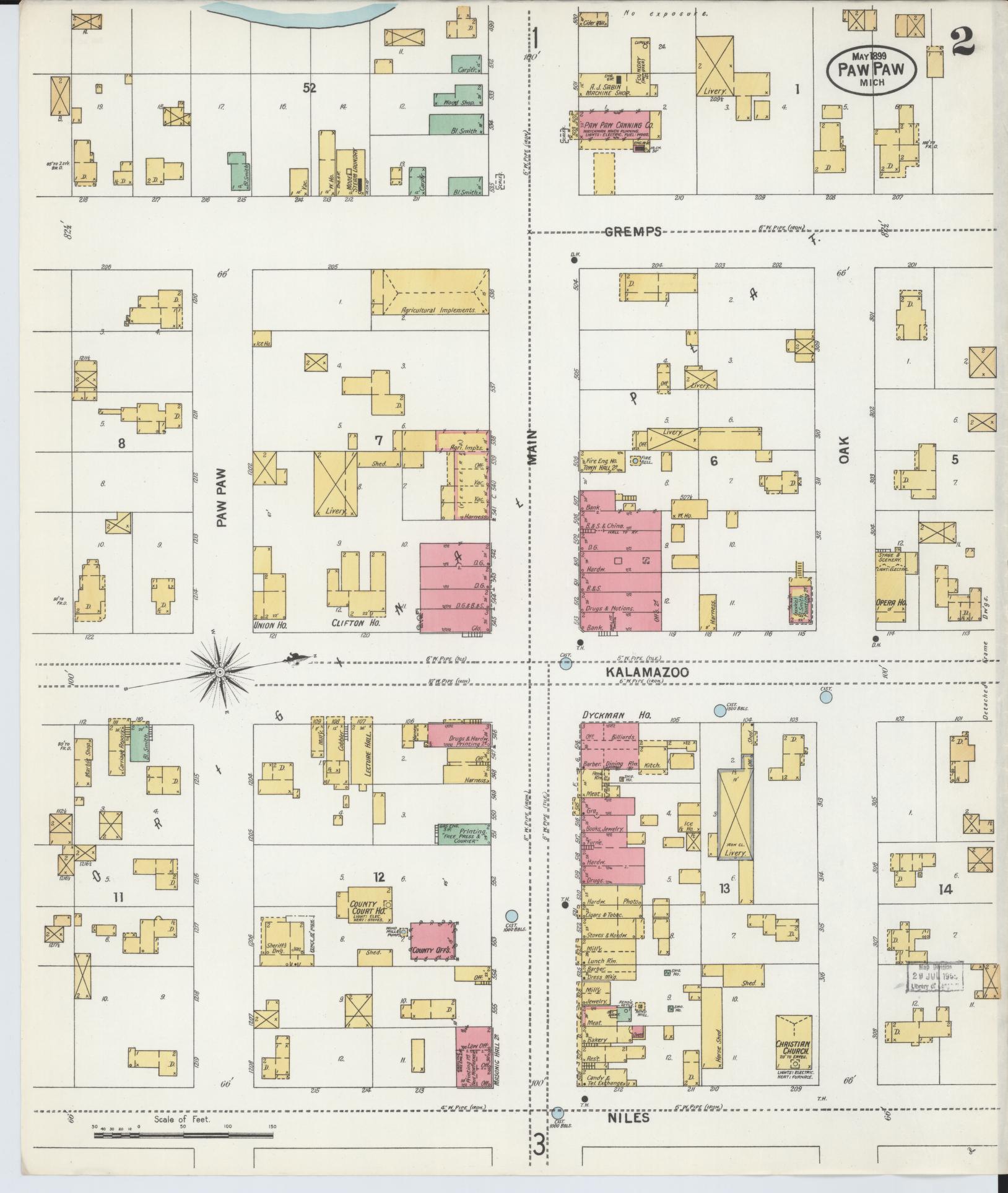 Sanborn Fire Insurance Map from Paw Paw, Van Buren County, Michigan (1899), Sheet #0002 - Complete Map Set gallery image, historic Sanborn map, vintage wall art, Michigan Michigan