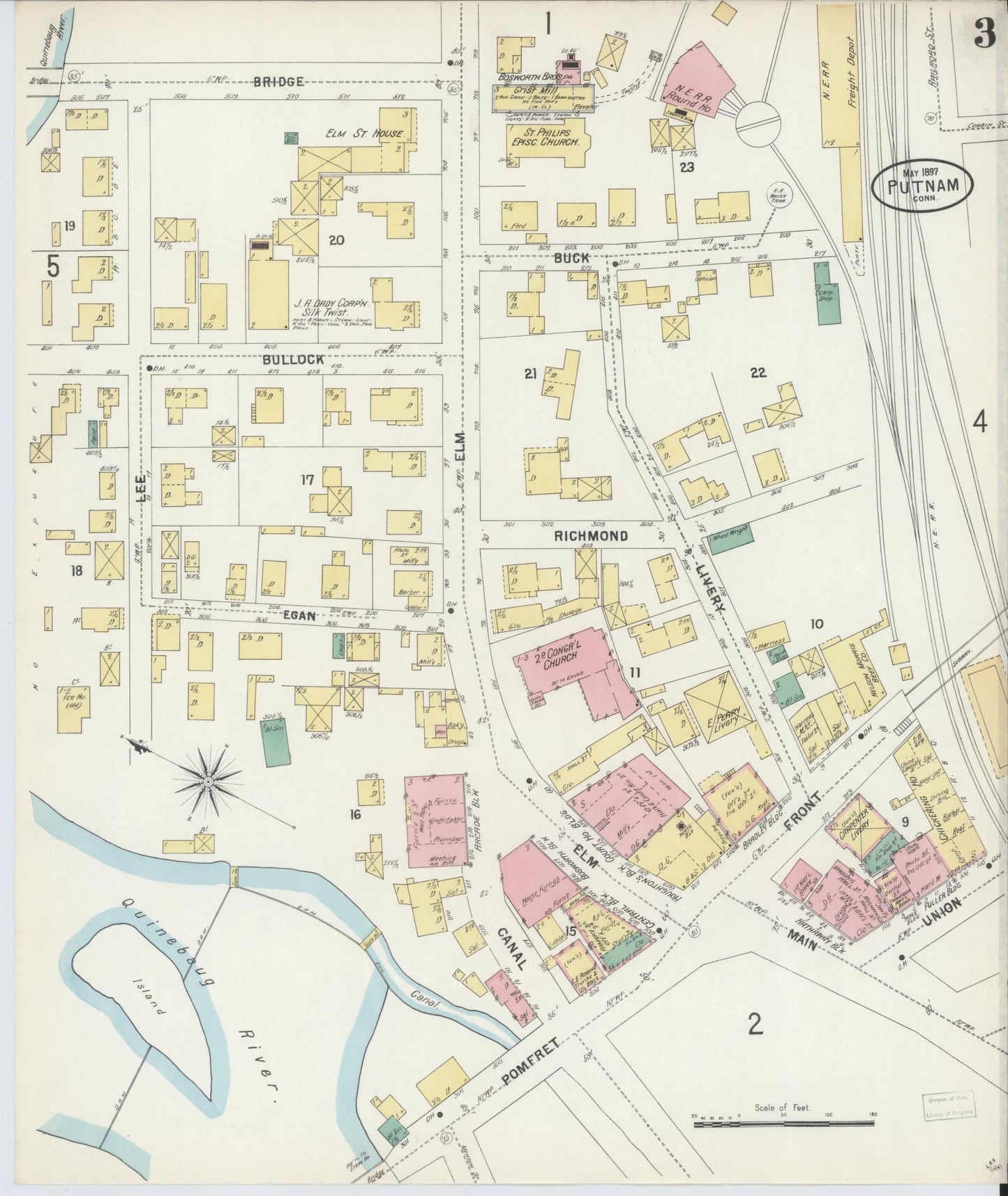 Sanborn Fire Insurance Map from Putnam, Windham County, Connecticut (1897), Sheet #0003 - Historic Sanborn Fire Insurance Map Print, vintage old map wall art, antique decor, genealogy gift, Connecticut Connecticut map