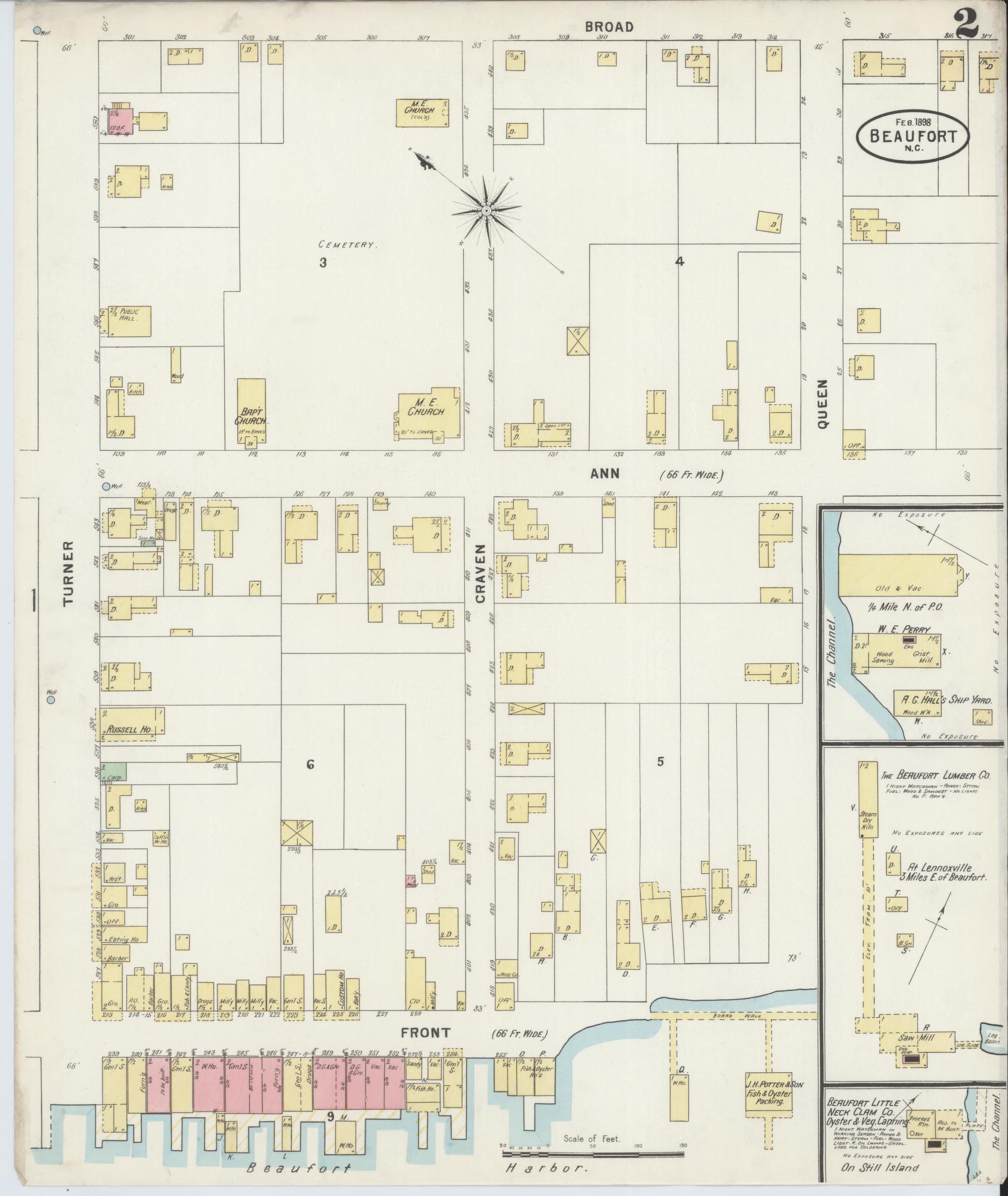 Sanborn Fire Insurance Map from Beaufort, Carteret County, North Carolina (1898), Sheet #0002 - Historic Sanborn Fire Insurance Map Print, vintage old map wall art, antique decor, genealogy gift, North Carolina North Carolina map