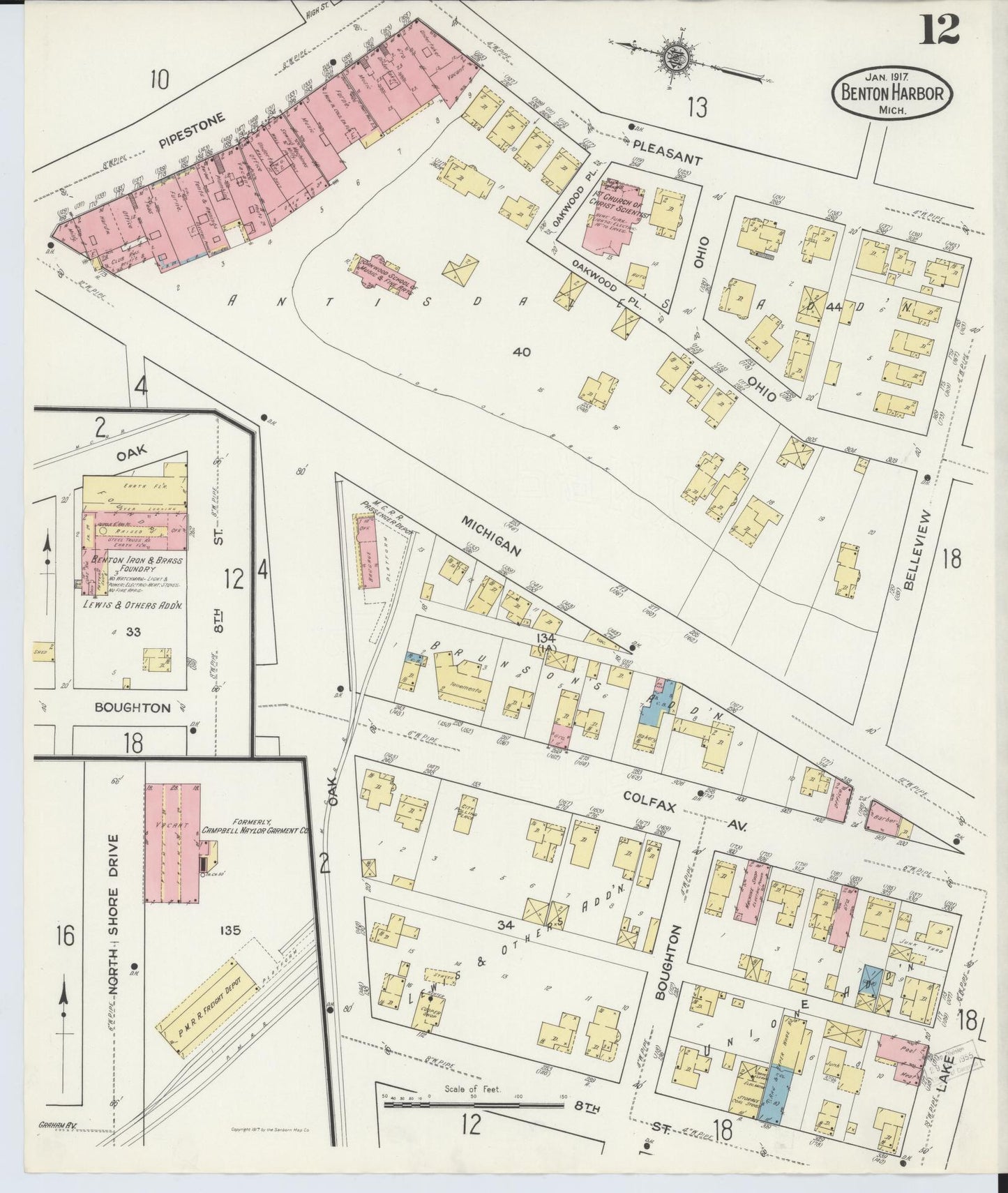 Sanborn Fire Insurance Map from Benton Harbor, Berrien County, Michigan (1917), Sheet #0012 - Complete Map Set gallery image, historic Sanborn map, vintage wall art, Michigan Michigan