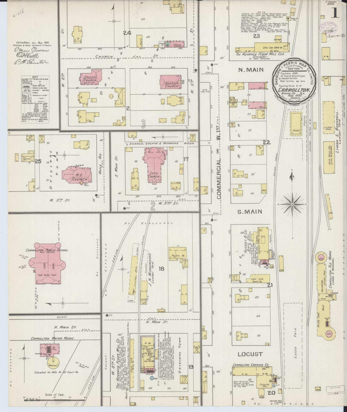 Sanborn Fire Insurance Map from Carrollton, Greene County, Illinois (1893), Sheet #0001 - Historic Sanborn Fire Insurance Map Print, vintage old map wall art, antique decor, genealogy gift, Illinois Illinois map