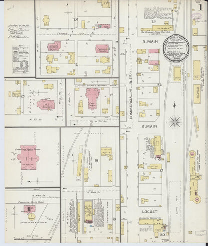 Sanborn Fire Insurance Map from Carrollton, Greene County, Illinois (1893), Sheet #0001 - Historic Sanborn Fire Insurance Map Print, vintage old map wall art, antique decor, genealogy gift, Illinois Illinois map