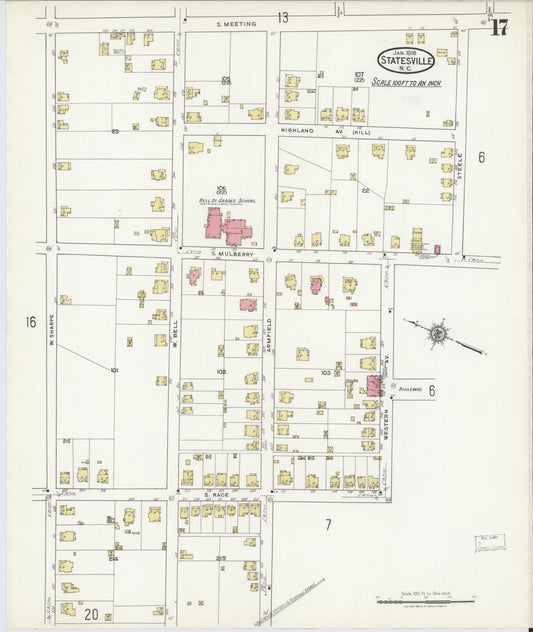 Sanborn Fire Insurance Map from Statesville, Iredell County, North Carolina (1918), Sheet #0017 - Historic Sanborn Fire Insurance Map Print, vintage old map wall art, antique decor, genealogy gift, North Carolina North Carolina map