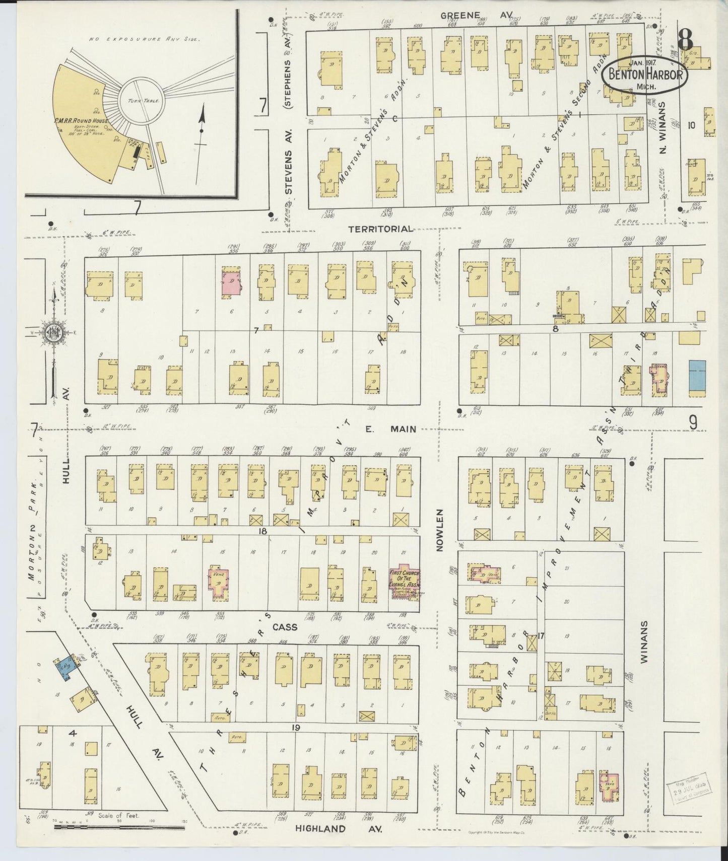 Sanborn Fire Insurance Map from Benton Harbor, Berrien County, Michigan (1917), Sheet #0008 - Complete Map Set gallery image, historic Sanborn map, vintage wall art, Michigan Michigan