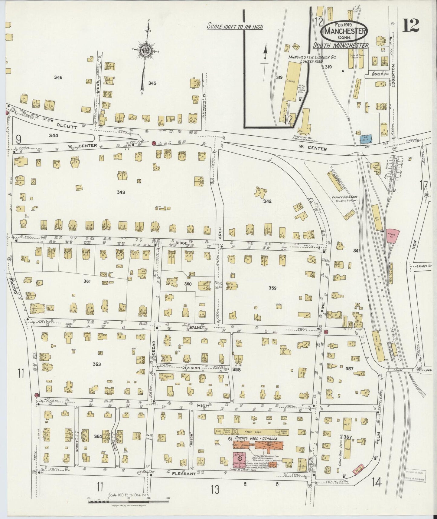 Sanborn Fire Insurance Map from Manchester, Hartford County, Connecticut. (1919), Sheet 12 – Historic Sanborn Fire Insurance Map Print