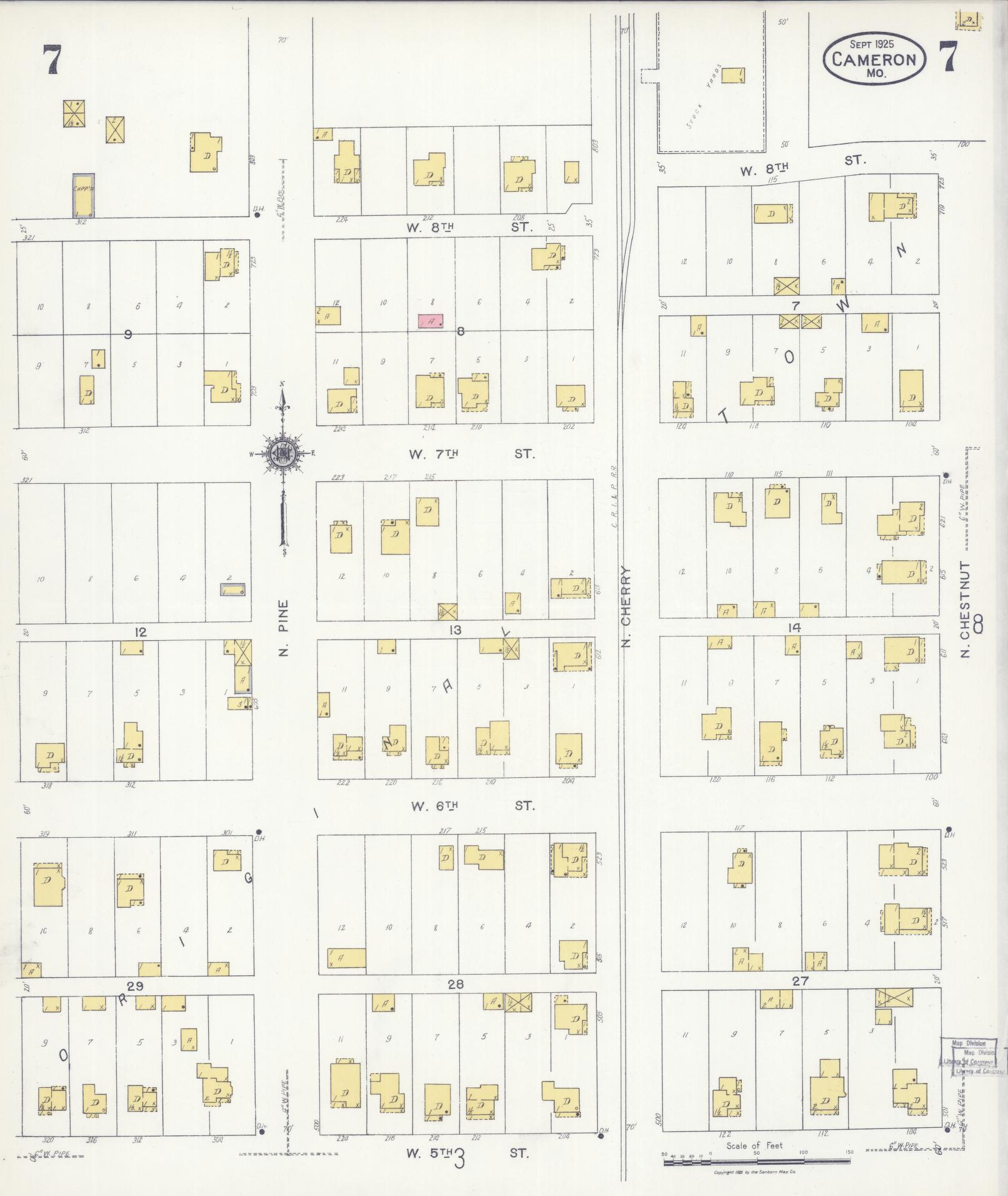 Sanborn Fire Insurance Map from Cameron, Clinton County, Missouri (1925), Sheet #0007 - Historic Sanborn Fire Insurance Map Print, vintage old map wall art, antique decor, genealogy gift, Missouri Missouri map