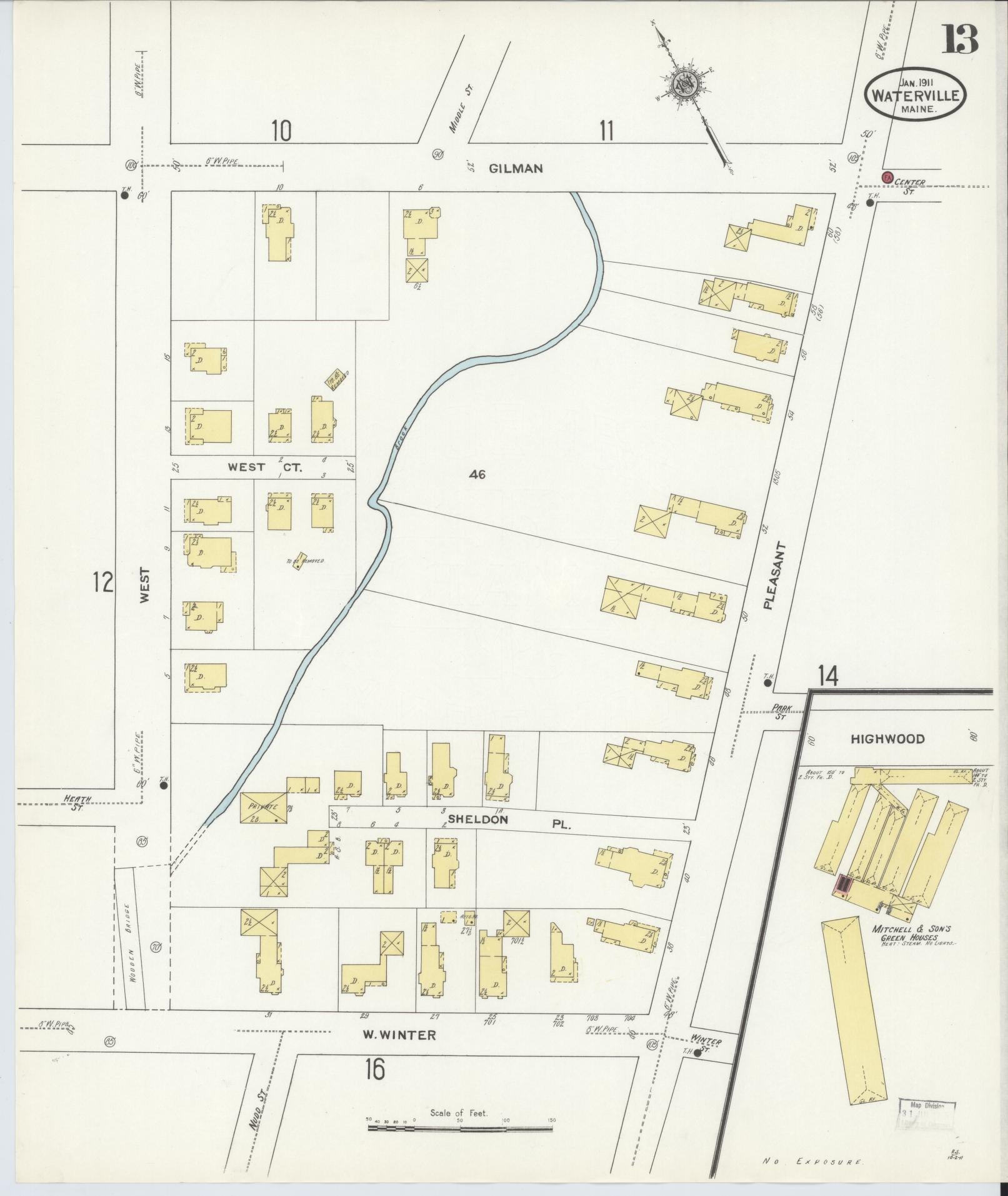 Sanborn Fire Insurance Map from Waterville, Kennebec County, Maine (1911), Sheet #0013 - Complete Map Set gallery image, historic Sanborn map, vintage wall art, Maine Maine