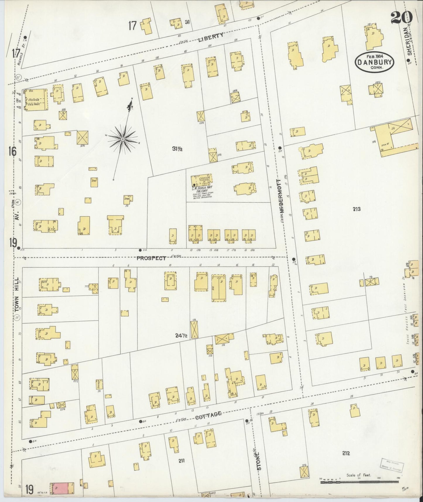 Sanborn Fire Insurance Map from Danbury, Fairfield County, Connecticut (1904), Sheet #0020 - Historic Sanborn Fire Insurance Map Print, vintage old map wall art, antique decor, genealogy gift, Connecticut Connecticut map