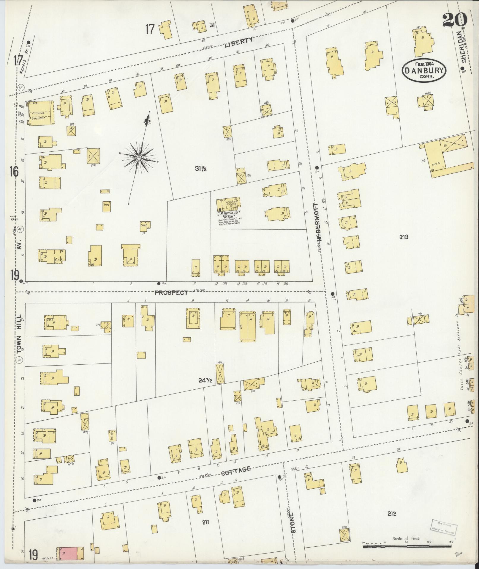 Sanborn Fire Insurance Map from Danbury, Fairfield County, Connecticut (1904), Sheet #0020 - Historic Sanborn Fire Insurance Map Print, vintage old map wall art, antique decor, genealogy gift, Connecticut Connecticut map