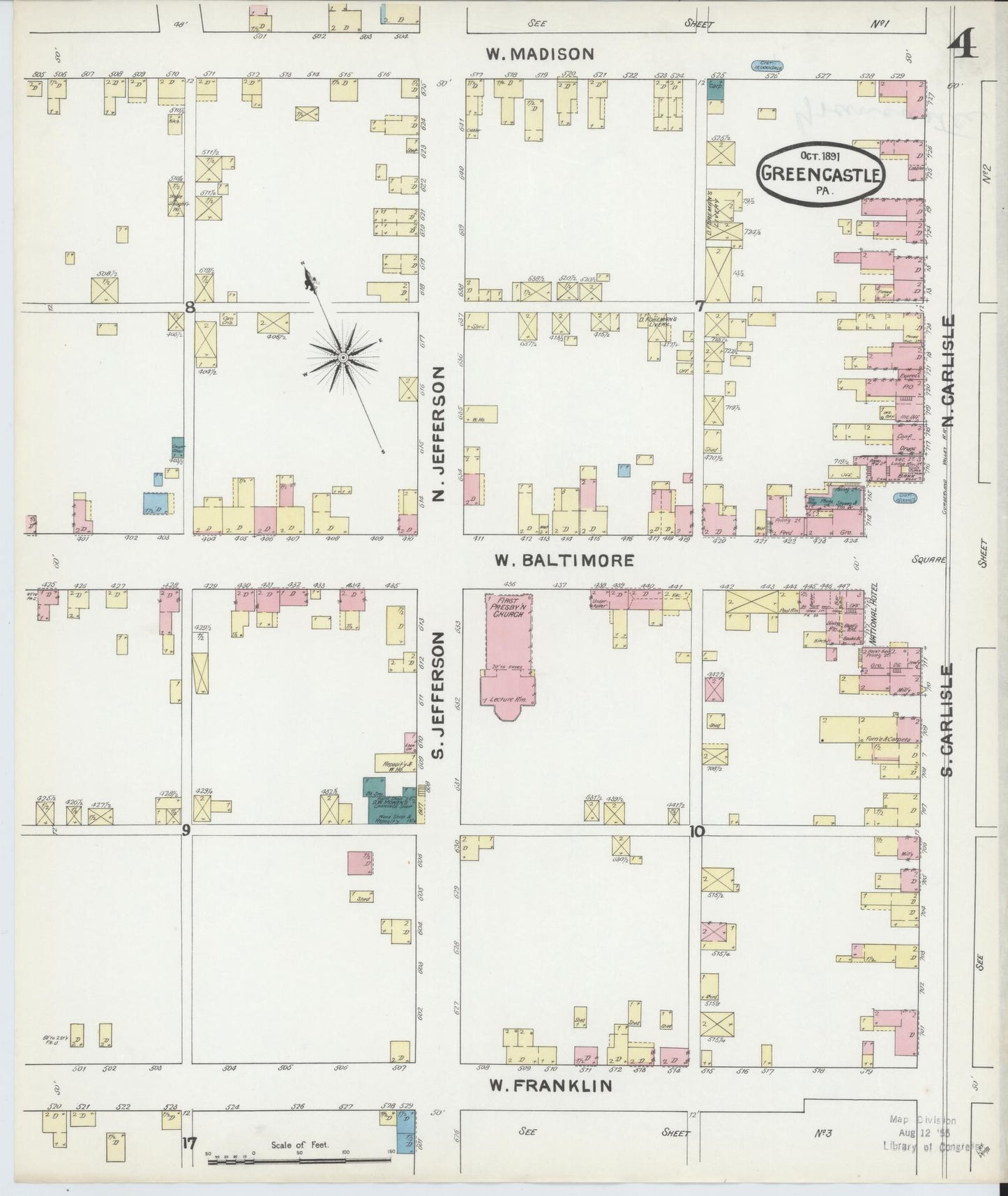 Sanborn Fire Insurance Map from Greencastle, Franklin County, Pennsylvania (1891), Sheet #0004 - Historic Sanborn Fire Insurance Map Print, vintage old map wall art, antique decor, genealogy gift, Pennsylvania Pennsylvania map