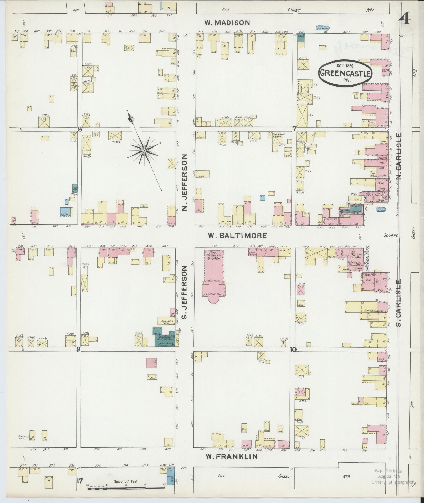 Sanborn Fire Insurance Map from Greencastle, Franklin County, Pennsylvania (1891), Sheet #0004 - Historic Sanborn Fire Insurance Map Print, vintage old map wall art, antique decor, genealogy gift, Pennsylvania Pennsylvania map