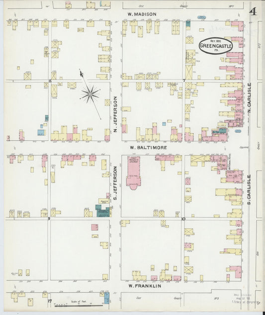 Sanborn Fire Insurance Map from Greencastle, Franklin County, Pennsylvania (1891), Sheet #0004 - Historic Sanborn Fire Insurance Map Print, vintage old map wall art, antique decor, genealogy gift, Pennsylvania Pennsylvania map