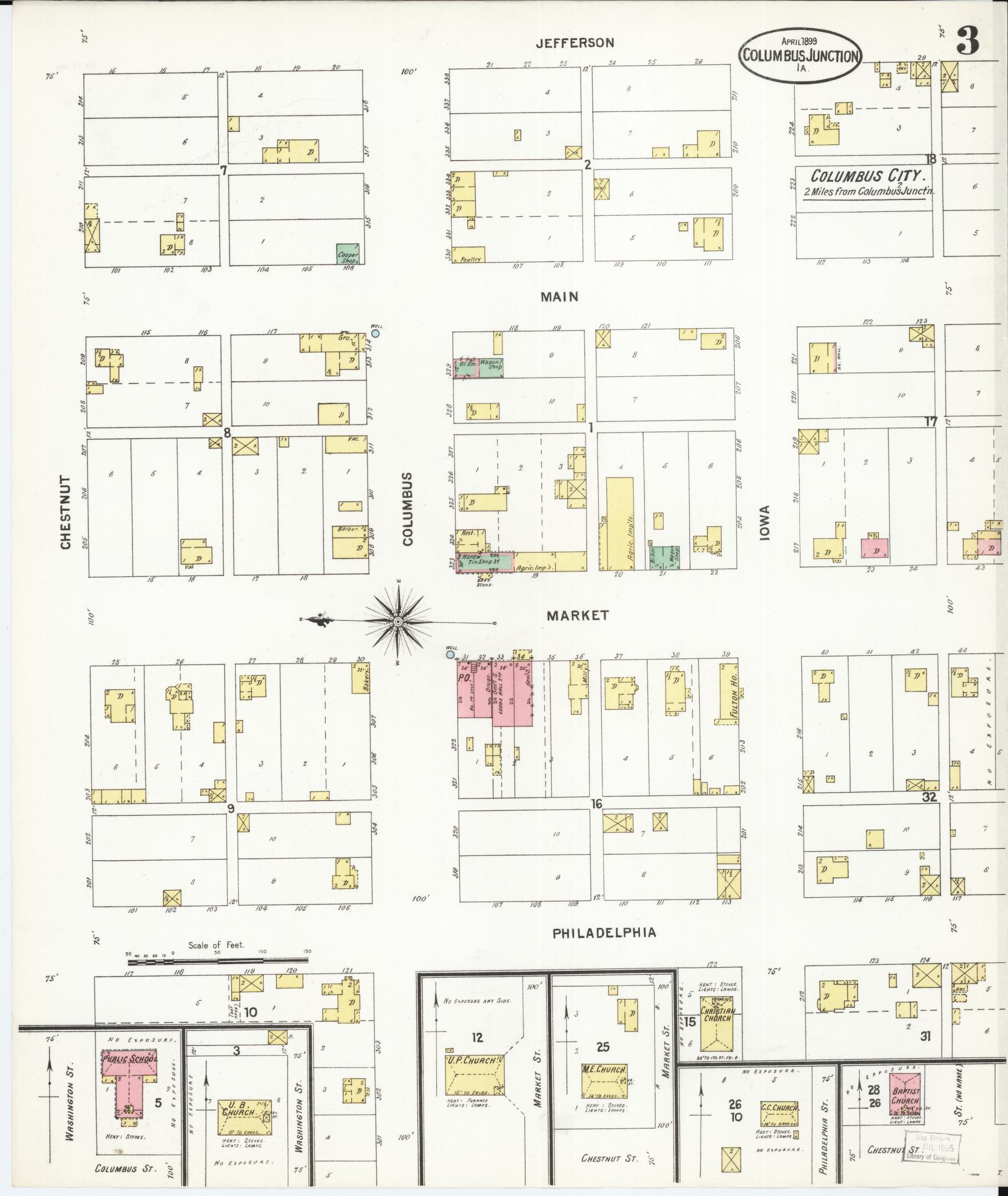 Sanborn Fire Insurance Map from Columbus Junction, Louisa County, Iowa (1899), Sheet #0003 - Historic Sanborn Fire Insurance Map Print, vintage old map wall art