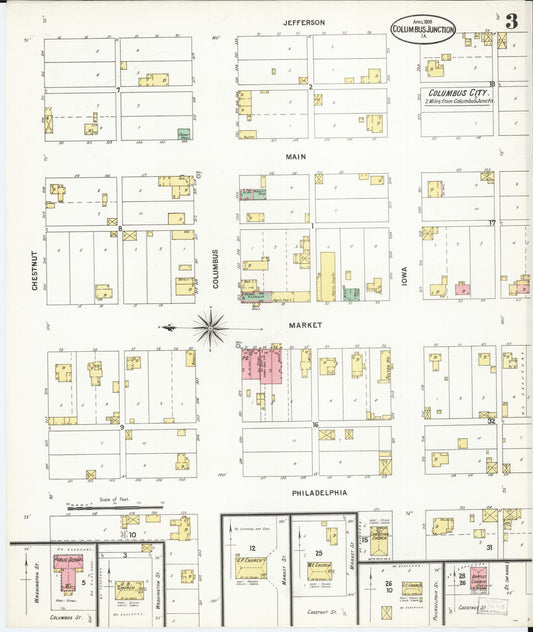 Sanborn Fire Insurance Map from Columbus Junction, Louisa County, Iowa (1899), Sheet #0003 - Historic Sanborn Fire Insurance Map Print, vintage old map wall art