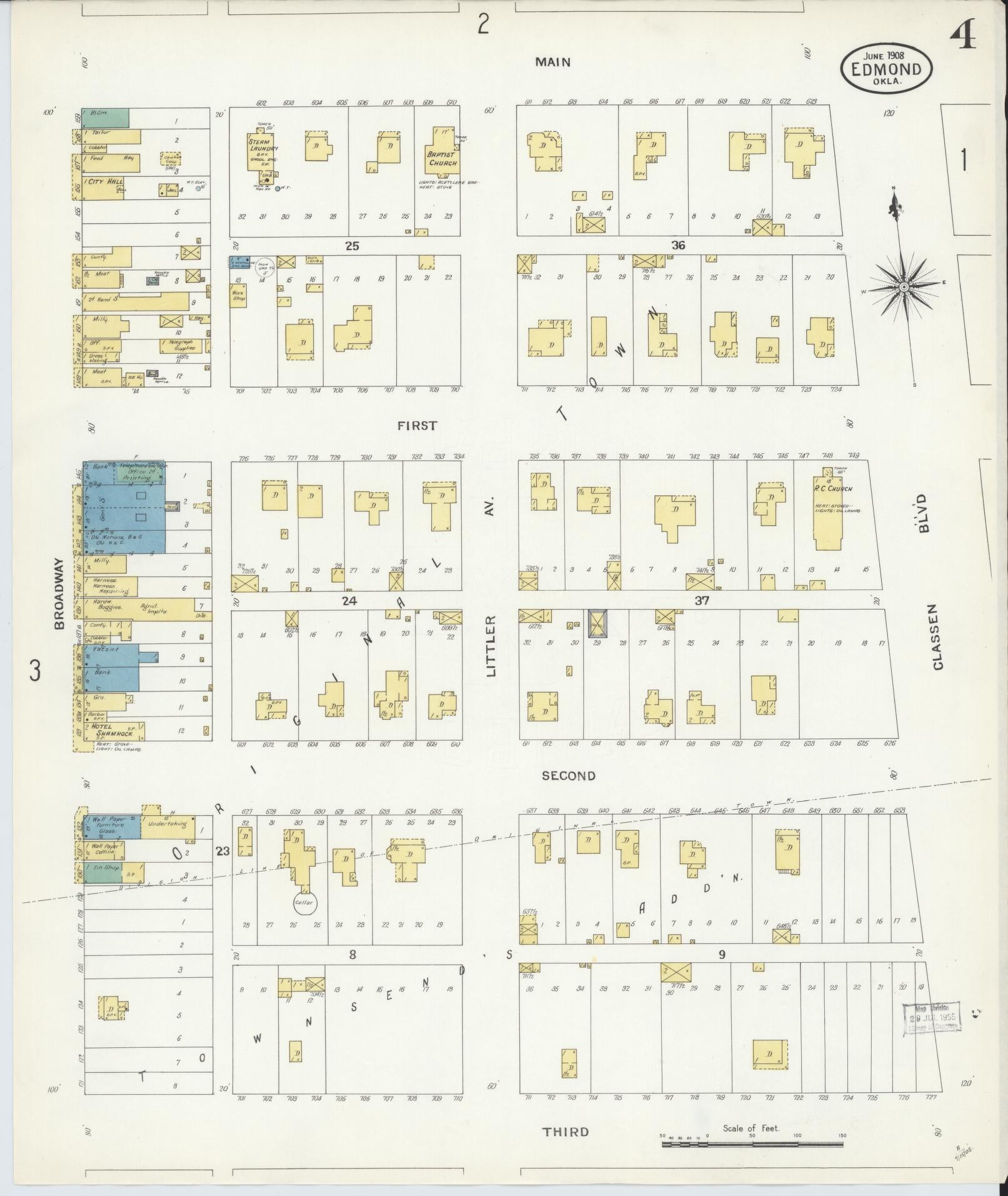 Sanborn Fire Insurance Map from Edmond, Oklahoma County, Oklahoma (1908), Sheet #0004 - Historic Sanborn Fire Insurance Map Print, vintage old map wall art, antique decor, genealogy gift, Edmond Oklahoma map
