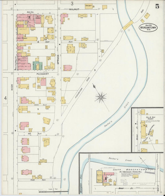 Sanborn Fire Insurance Map from Morgantown, Monongalia County, West Virginia (1899), Sheet #0005 - Historic Sanborn Fire Insurance Map Print, vintage old map wall art, antique decor, genealogy gift, West Virginia West Virginia map