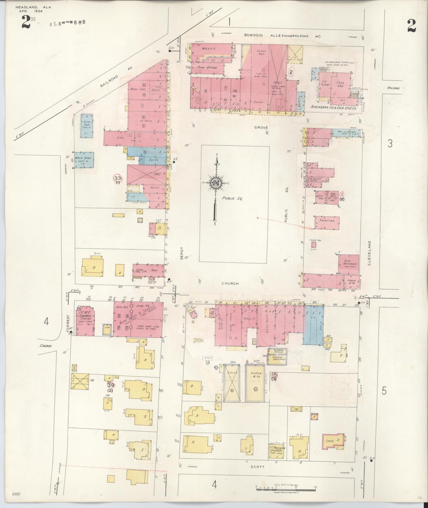 Sanborn Fire Insurance Map from Headland, Henry County, Alabama (1945), Sheet #0002 - Complete Map Set gallery image, historic Sanborn map, vintage wall art, Alabama Alabama