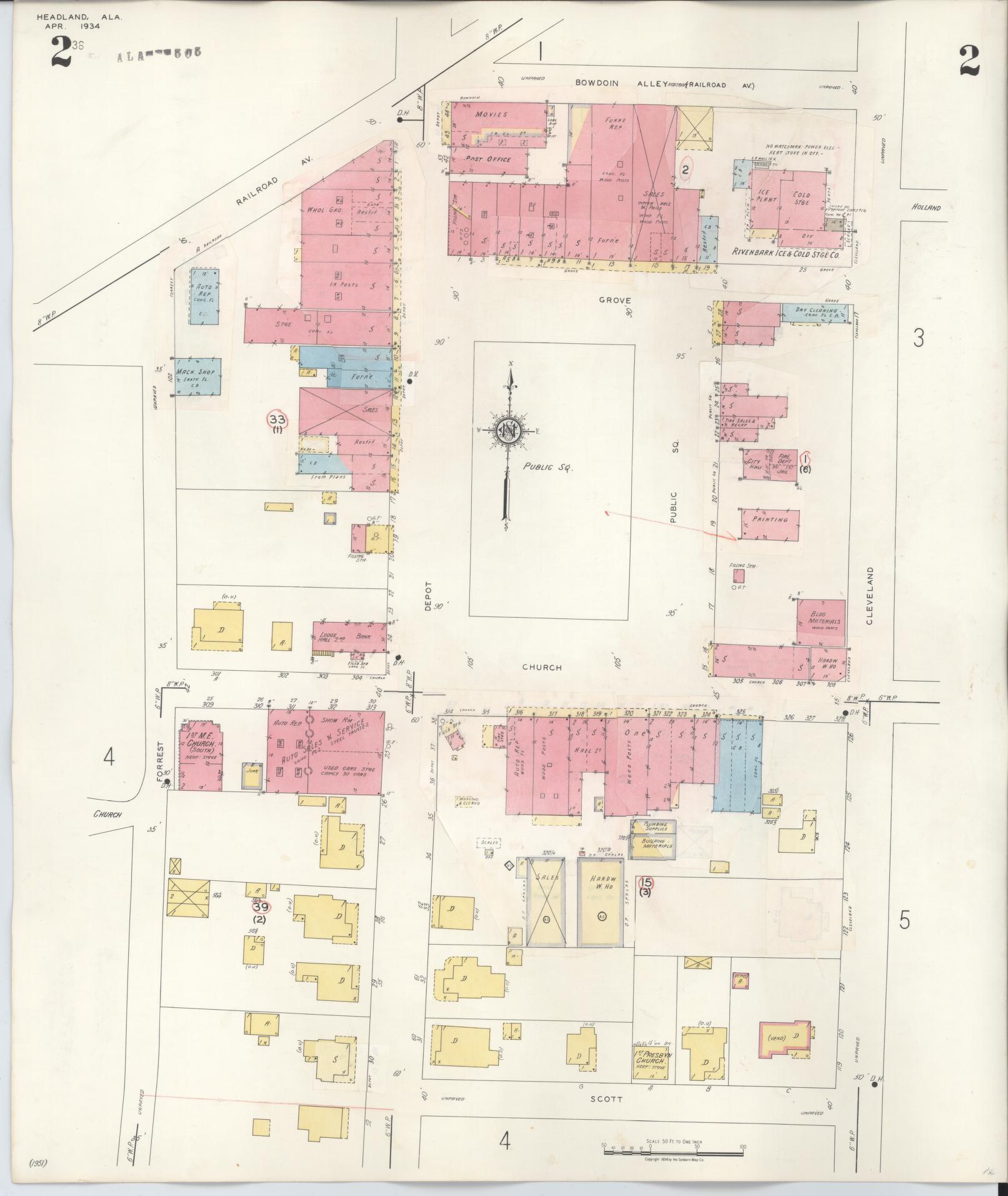 Sanborn Fire Insurance Map from Headland, Henry County, Alabama (1945), Sheet #0002 - Complete Map Set gallery image, historic Sanborn map, vintage wall art, Alabama Alabama